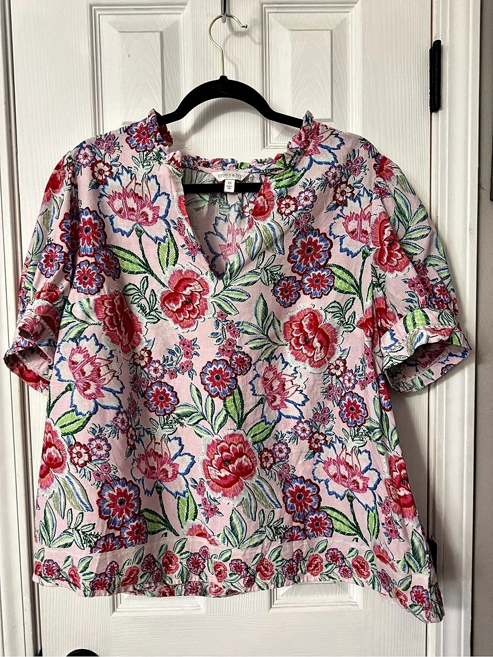 Crown & Ivy Floral Short Sleeve Blouse Pink XXL